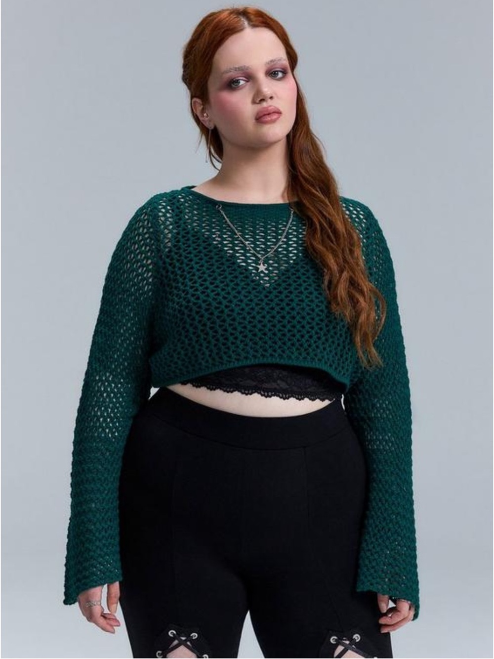 Torrid 3X Deep Green Crochet Bell-Sleeve Cropped Sweater